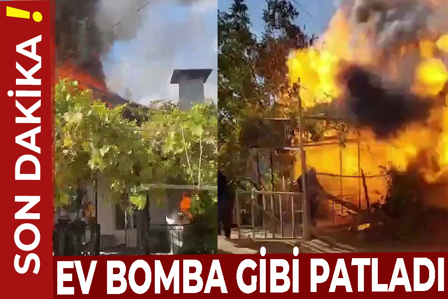 Yanan evin bomba gibi patladığı an kamerada